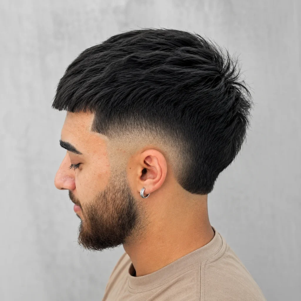 Profil sisi seorang lelaki dengan potongan rambut textured crop dan mid skin fade, menampilkan rambut gelap, lineup yang tajam, dan janggut yang kemas berlatar belakang kelabu yang bersih.