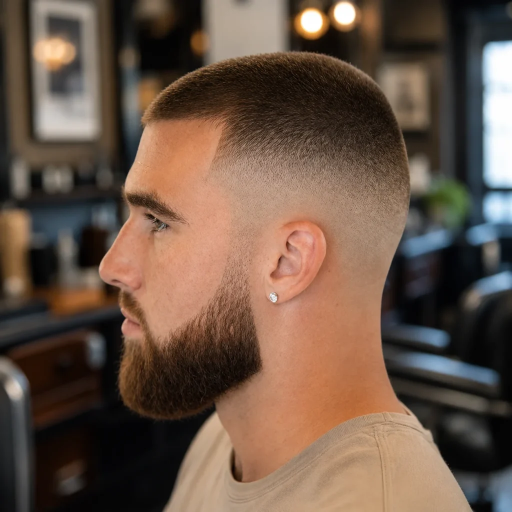 Pandangan sisi seorang lelaki dengan potongan rambut buzz cut fade yang kemas dan janggut penuh, menampilkan gaya barber moden yang tajam dalam suasana kedai gunting rambut profesional.