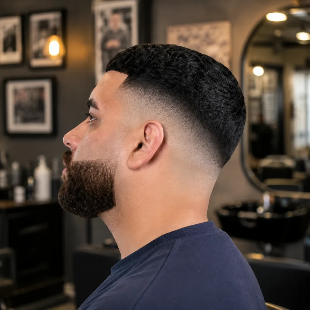 Pandangan sisi seorang lelaki dengan potongan rambut low fade yang kemas, rambut pendek bertekstur, dan janggut penuh yang tajam, menampilkan gaya barber moden dalam suasana kedai gunting rambut profesional