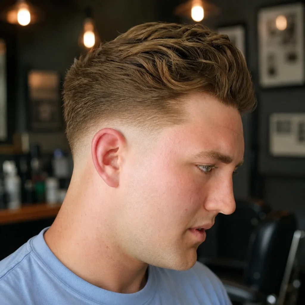 Curly Fade Haircut Slick Back dengan potongan low fade bertekstur, bahagian atas berambut berombak, serta skin fade yang kemas untuk lelaki.