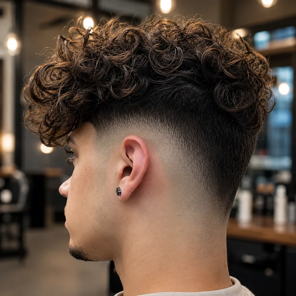 Potongan rambut Curly Hair V Fade pada seorang lelaki muda dengan rambut kerinting bertekstur dan skin fade yang kemas di sebuah barbershop moden dalam suasana dalaman.