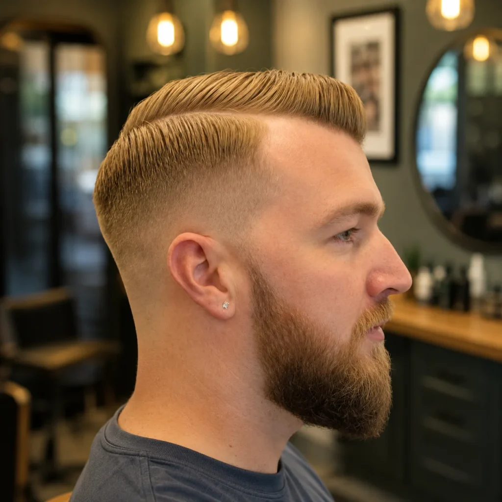 Pandangan sisi seorang lelaki dengan potongan rambut classic comb over, low skin fade, dan janggut penuh, menampilkan gaya barber yang kemas dan profesional.