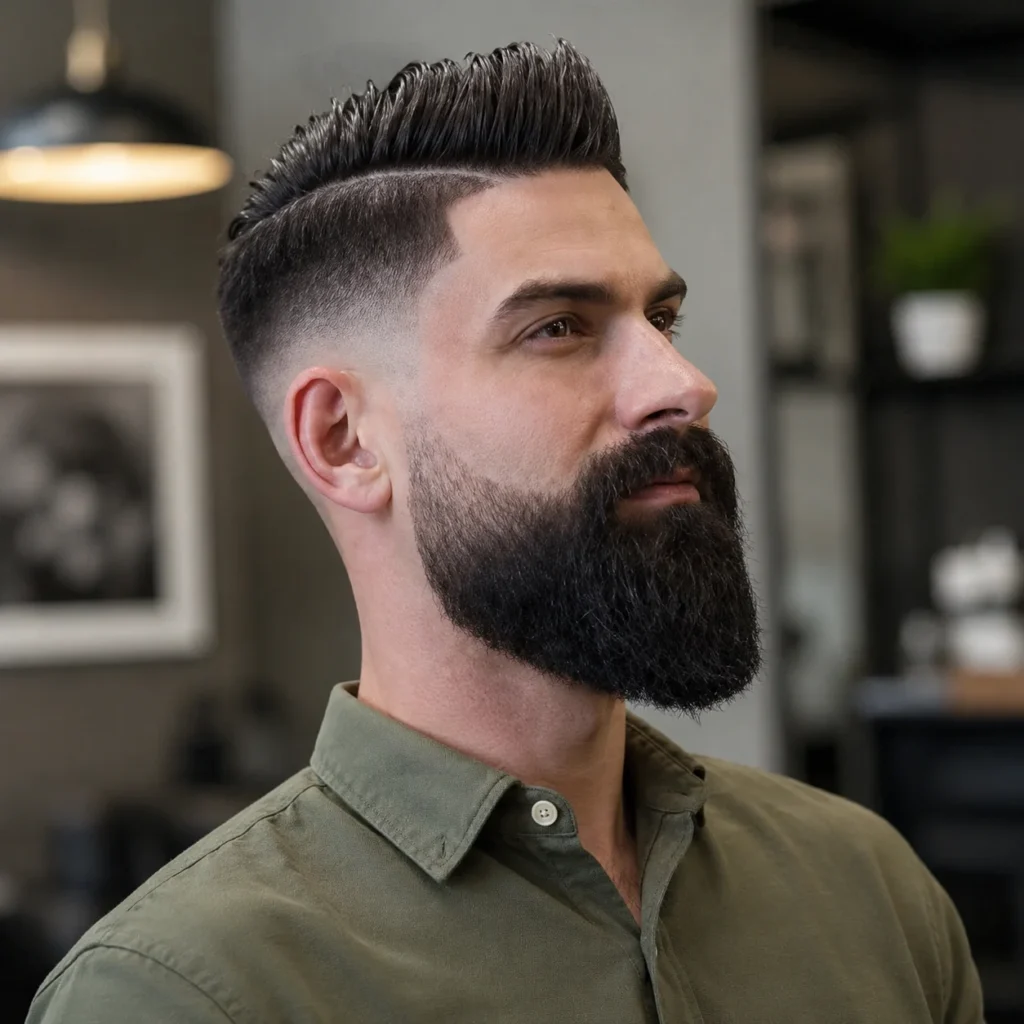Comb Over Fade Haircut With Beard dengan garis hard part yang tegas dan janggut penuh, mengenakan kemeja berkancing berwarna hijau zaitun di lingkungan indoor modern dengan latar belakang yang dibuat buram secara halus, menampilkan gaya rambut yang rapi dan stylish terinspirasi dari barbershop.