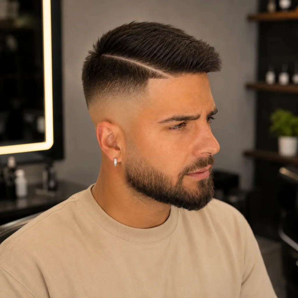 Comb Over Skin Fade Haircut untuk pria dengan garis hard part yang tajam dan janggut penuh, ditampilkan di lingkungan barbershop dalam ruangan yang modern.