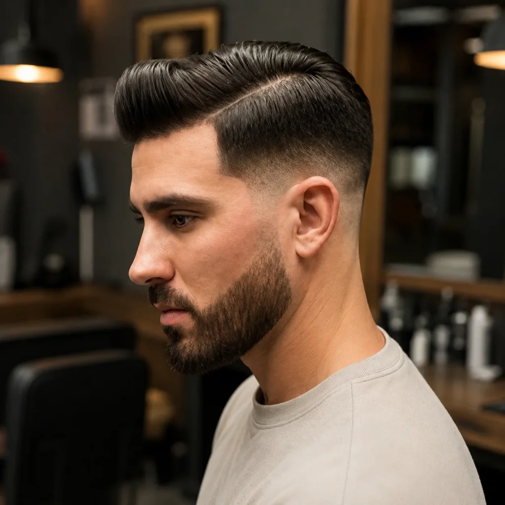 Potret profil sisi seorang lelaki muda dengan gaya slick back klasik, side part yang tajam, dan low skin fade, dipadankan dengan janggut penuh dalam kedai gunting rambut moden.