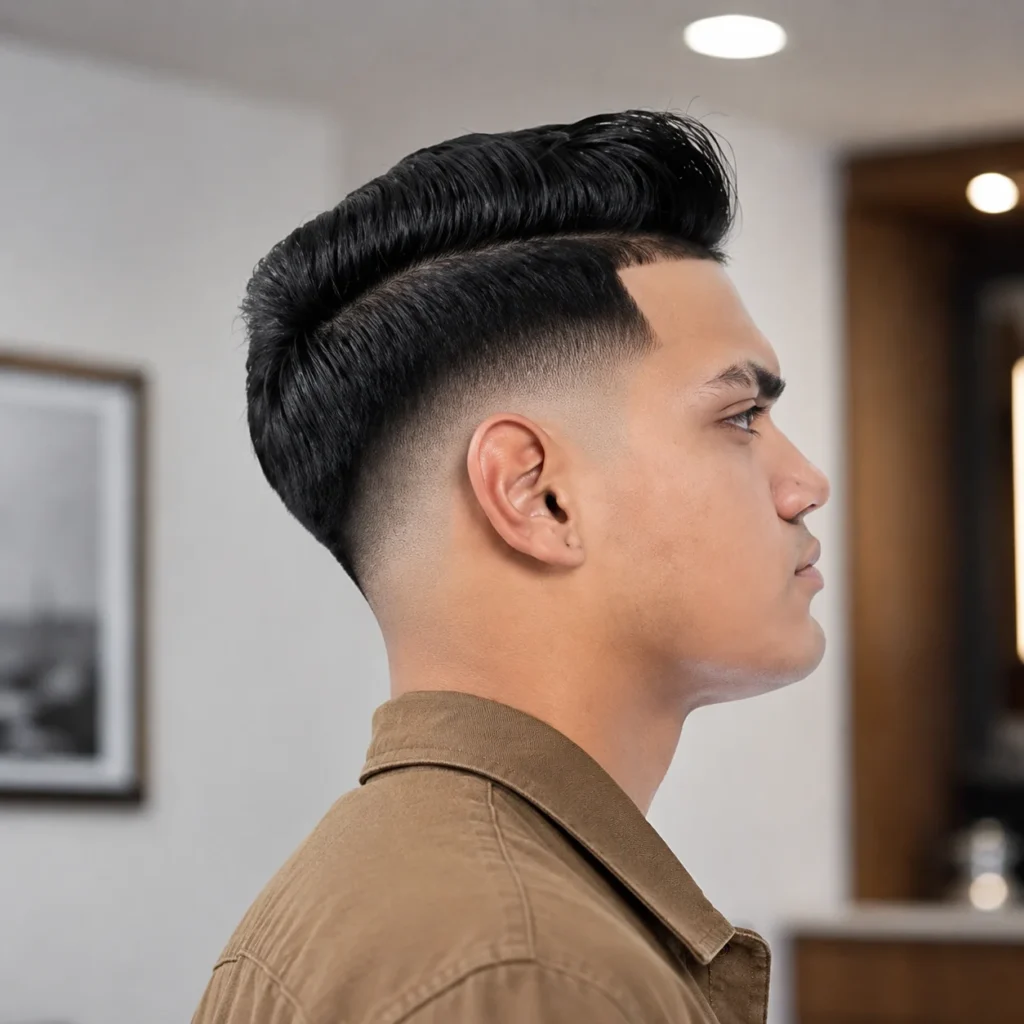 Potongan rambut Comb Over V Fade dengan profil sisi seorang lelaki yang menampilkan gaya rambut pompadour yang kemas dan potongan high skin fade, memakai kemeja berwarna coklat dalam suasana dalaman moden dengan latar belakang yang kabur.
