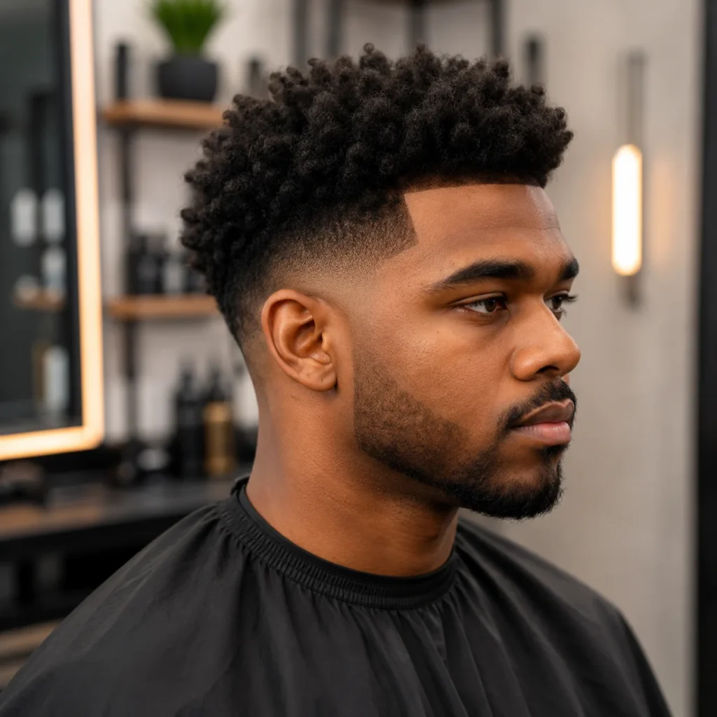 Potongan rambut dan janggut tajam, menampilkan low fade yang rapi serta garis rambut yang tegas di suasana barbershop indoor modern.