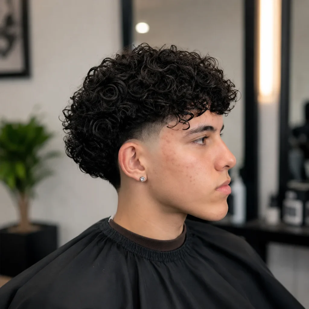 Potongan rambut Curly Afro Taper Fade dengan rambut keriting bertekstur alami, difoto di barbershop modern dengan tampilan yang bersih, rapi, dan stylish.
