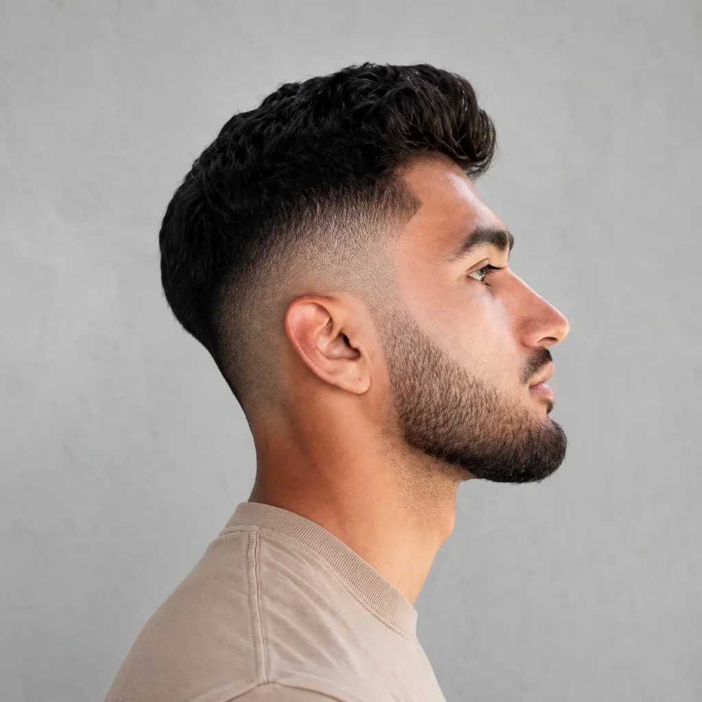 Profil sisi seorang lelaki dengan potongan rambut high skin fade, bahagian atas bertekstur, dan garis janggut yang tajam, menampilkan gaya fade moden yang kemas berlatar belakang kelabu neutral.