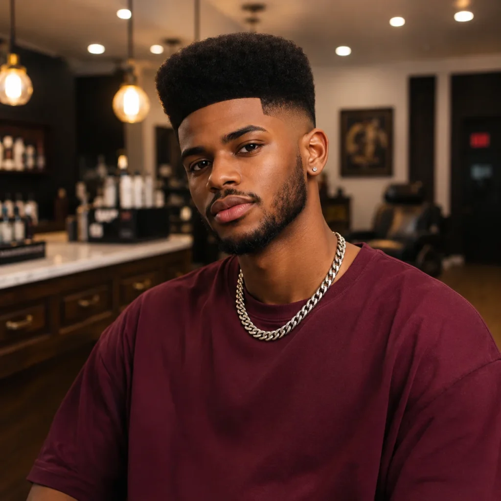 High Fade Haircut Afro pada seorang pria muda dengan potongan high-top fade yang tajam di barbershop modern.
