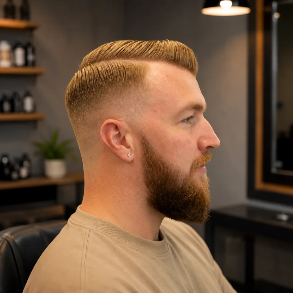 High Fade Haircut Comb Over dengan low skin fade yang rapi dan dipadukan dengan janggut penuh, mengenakan kaus berwarna krem di lingkungan barbershop modern dalam ruangan.