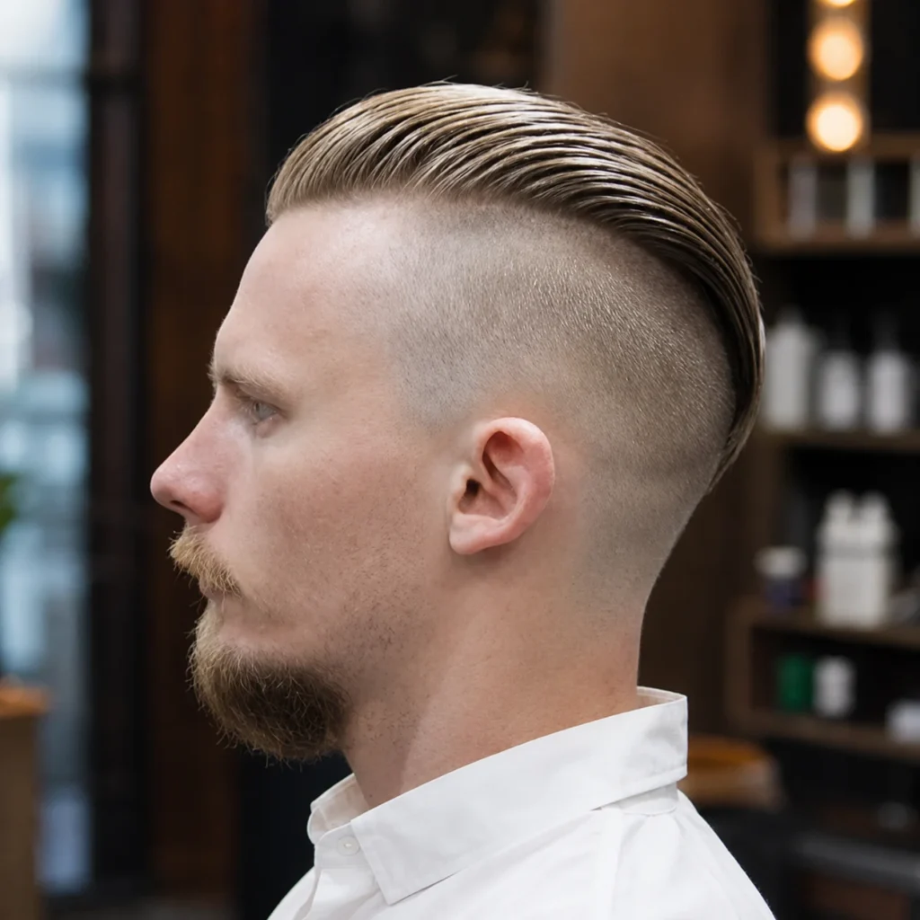 High Fade Haircut Slick Back yang menampilkan sisi bercukur kemas, rambut atas yang panjang dan disisir ke belakang, serta janggut yang dirapi dengan baik dalam suasana kedai gunting rambut moden.