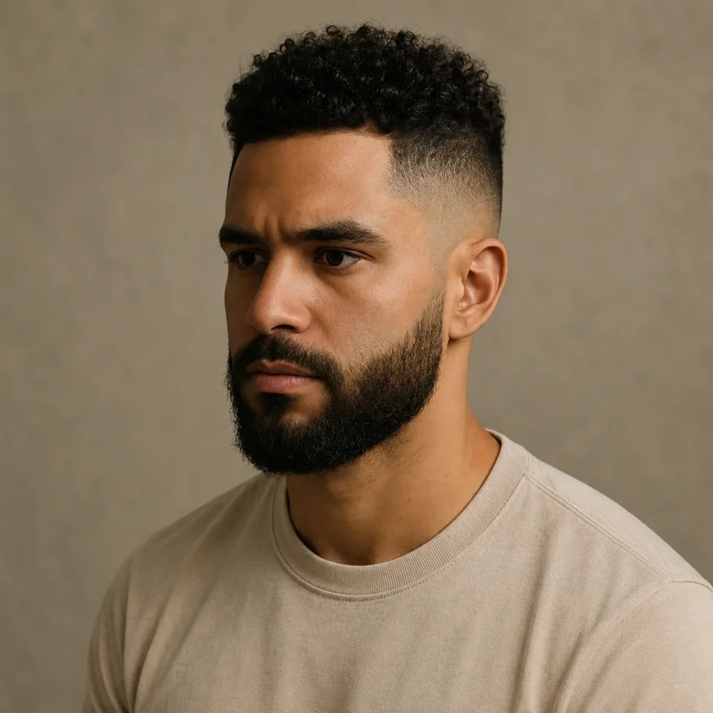 High Fade Haircut With Beard menampilkan potongan rambut high fade yang kemas dipadankan dengan janggut penuh, menghasilkan gaya moden, maskulin, dan bergaya