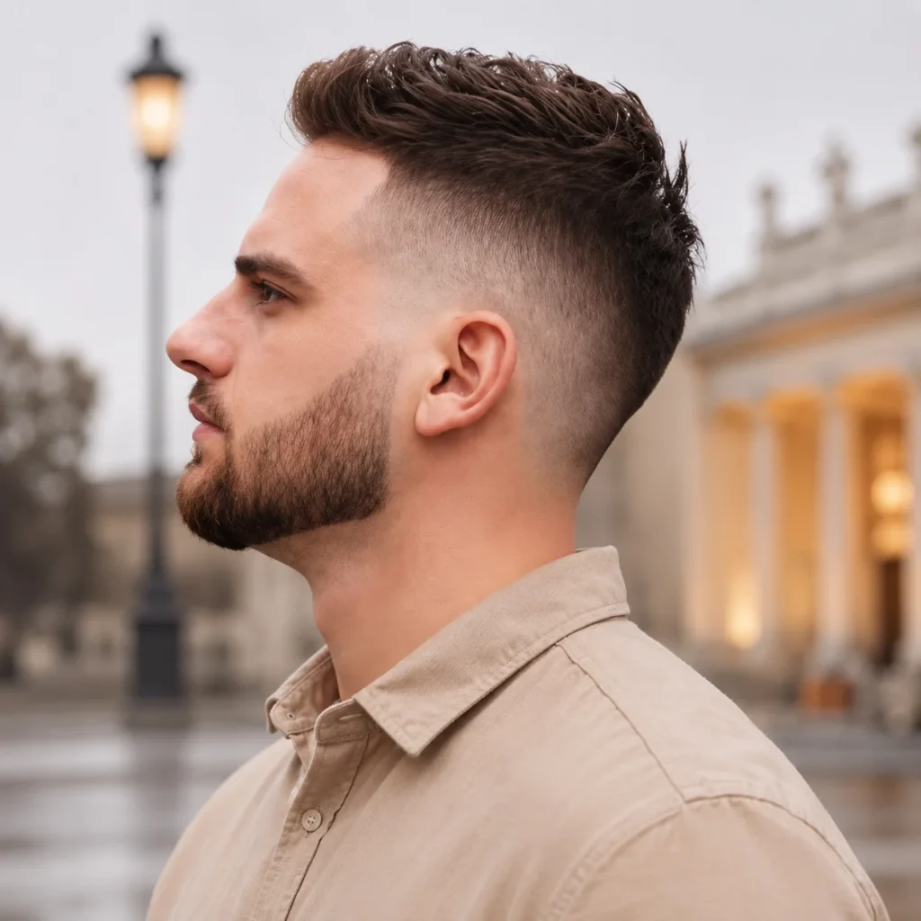 Profil sisi seorang lelaki dengan potongan rambut fade moden, bahagian atas bertekstur, dan janggut yang kemas, memakai kemeja beige dengan latar luar yang kabur lembut. Inspirasi gaya rambut fade lelaki bergaya untuk 2026.