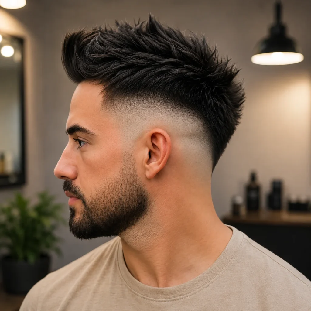 Potongan rambut High V Fade dengan janggut penuh di sebuah barbershop moden dalam suasana dalaman.