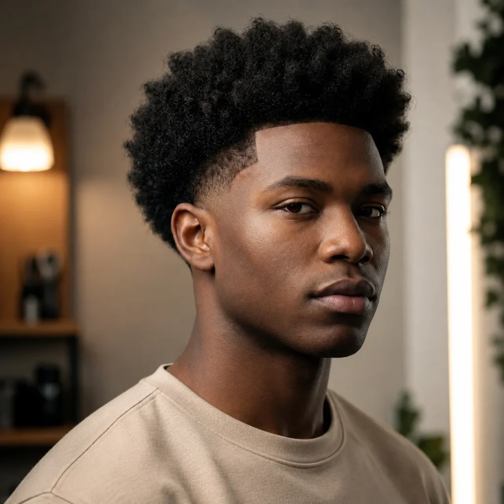 Gaya rambut Afro Low Fade Haircut pada seorang pria yang mengenakan kaus berwarna beige di lingkungan indoor modern. Potret ini menampilkan garis rambut yang rapi, gradasi fade yang presisi, serta rambut keriting alami di bawah pencahayaan profesional yang lembut.