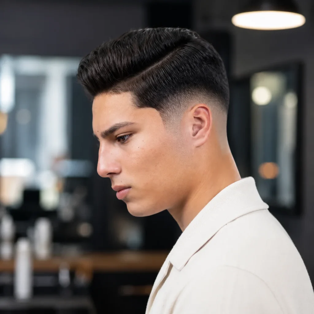 Low Fade Haircut Comb Over dengan gaya rambut belah samping (side part), menampilkan perpaduan fade yang halus dan rambut gelap yang ditata dengan rapi di lingkungan barbershop modern.