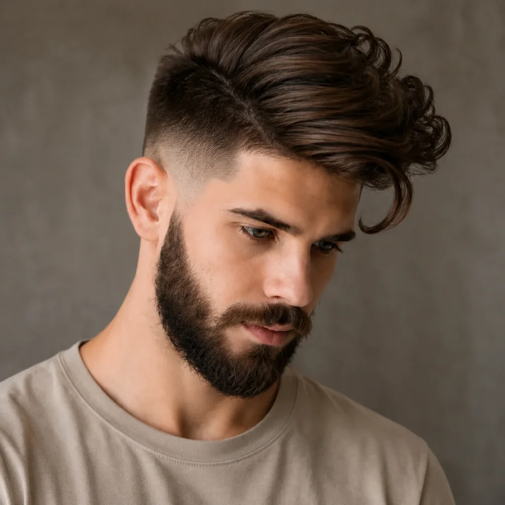 Seorang lelaki dengan potongan rambut low fade yang bergaya, rambut panjang bertekstur dan bervolum yang disisir ke sebelah, serta janggut penuh, dirakam dalam potret profesional yang menampilkan gaya rambut lelaki moden.