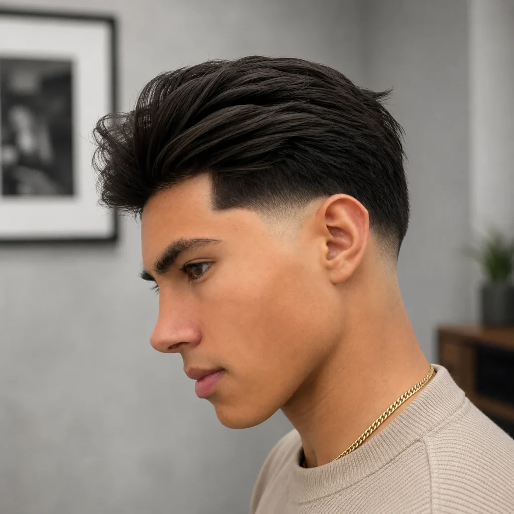 Low Fade Haircut Slick Back dengan rambut gelap bertekstur, low skin fade yang kemas, serta gaya rambut lelaki moden yang dipaparkan dalam potret dalaman yang bergaya