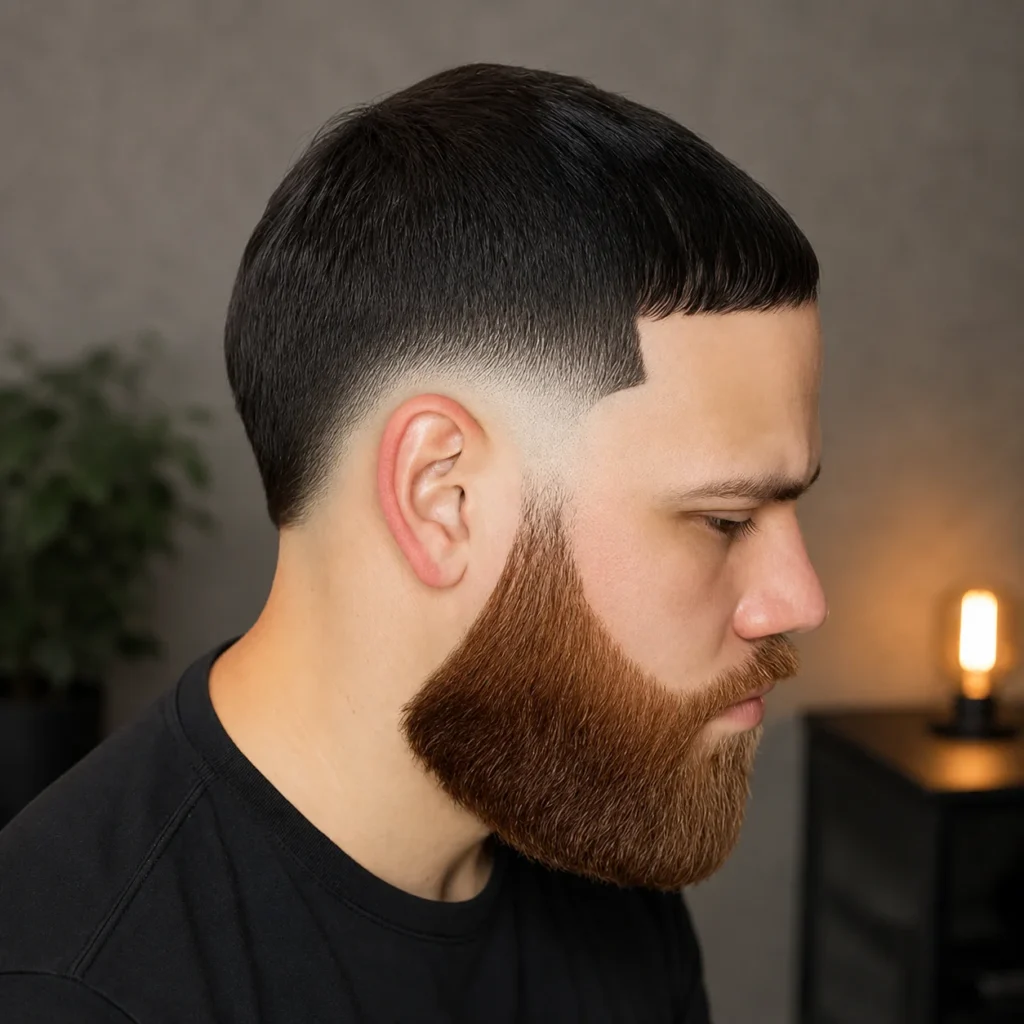 Seorang lelaki dengan potongan rambut mid taper fade yang kemas, garis lineup yang tajam, serta janggut penuh yang tebal, ditunjukkan dalam potret pandangan sisi yang menonjolkan gaya rambut lelaki moden dan rapi.