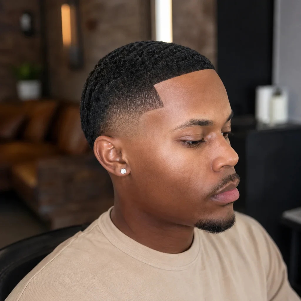 Lelaki berkulit hitam dengan gaya rambut 360 waves dan potongan low skin fade dalam kedai gunting rambut moden.