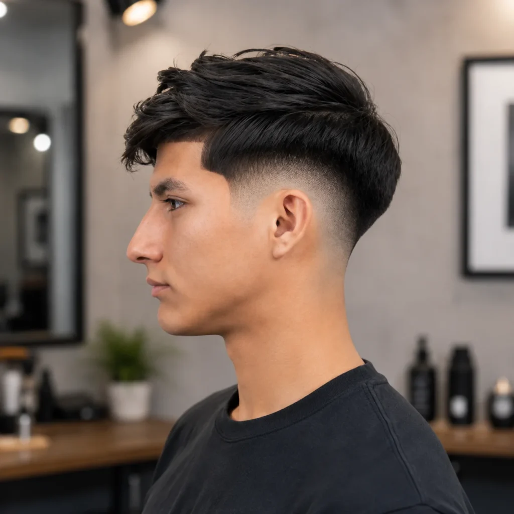 Potongan rambut Low V Fade dengan mid skin fade di sebuah barbershop moden dalam suasana dalaman.