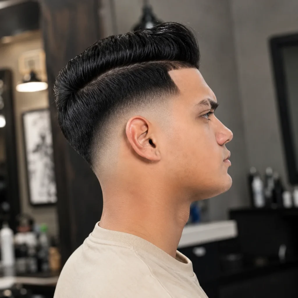 Mid Drop Fade Haircut Comb Over ditampilkan dalam tampilan profil, mengenakan kemeja berwarna krem muda di dalam barbershop modern dengan latar belakang yang diburamkan secara halus.