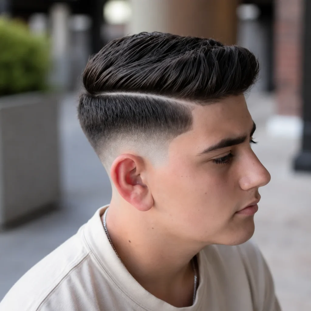 Mid Fade Haircut Comb Over dengan hard side part, menampilkan rambut gelap bertekstur dan skin fade yang halus di suasana luar ruangan (outdoor).