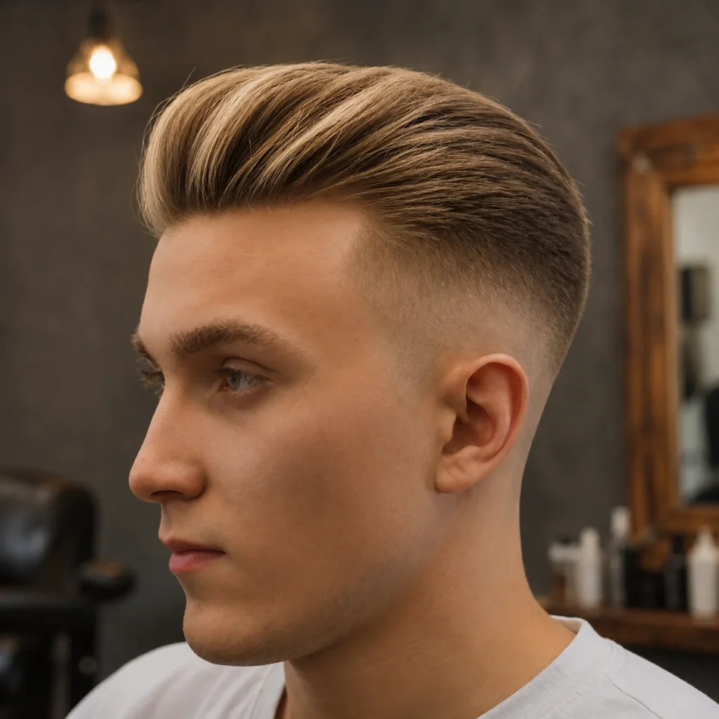 Mid Fade Haircut Slick Back dengan potongan high skin fade yang kemas dan rambut bervolum yang disisir ke belakang, menampilkan gaya rambut lelaki moden dalam suasana kedai gunting rambut profesional.
