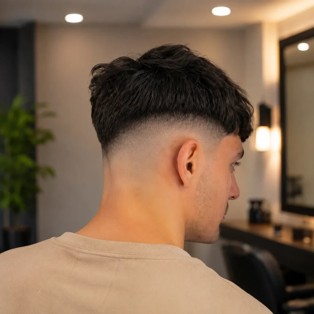 Potongan rambut V Shape Mid Fade dengan gaya textured crop dan high skin fade, dipaparkan dari bahagian belakang di sebuah barbershop moden dalam suasana dalaman.