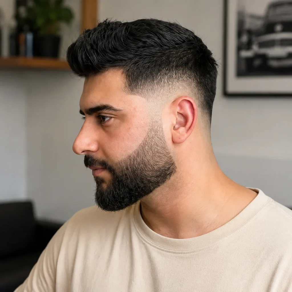 Pandangan sisi seorang lelaki dengan potongan rambut low skin fade, bahagian atas bertekstur, dan janggut penuh berlatarbelakangkan ruang dalaman moden