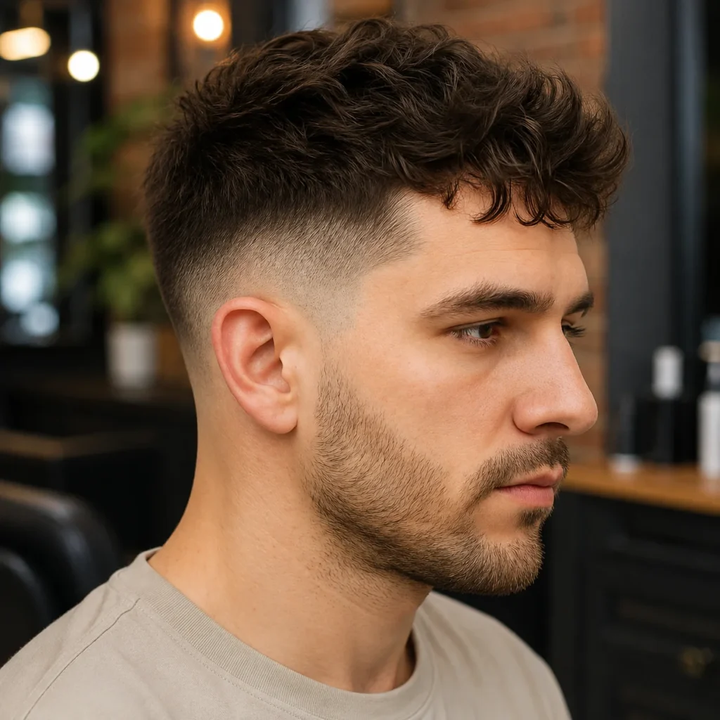 Potret profil sisi seorang lelaki muda dengan rambut kerinting bertekstur dan potongan high fade, menampilkan rambut coklat gelap semula jadi dan janggut yang kemas di kedai gunting rambut moden.