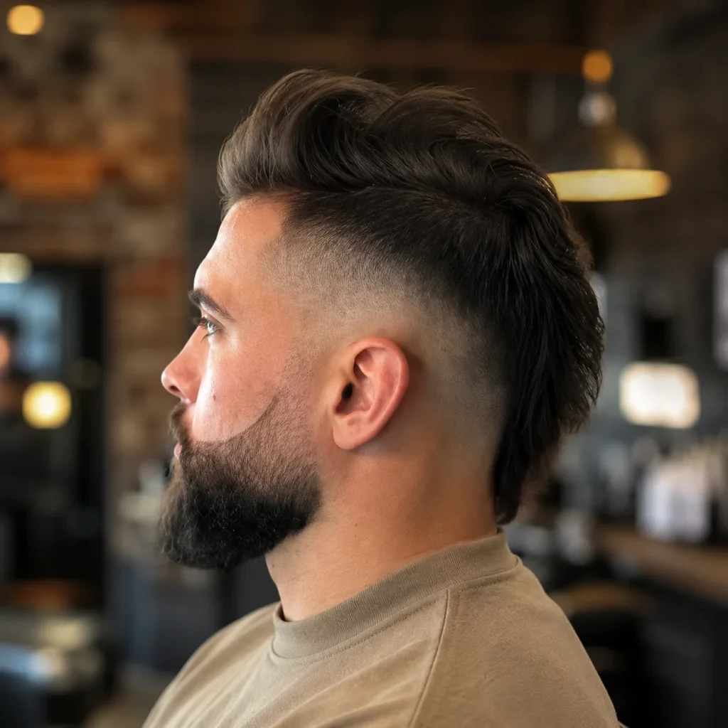 Pandangan sisi seorang lelaki dengan potongan rambut mullet fade moden, rambut gelap bertekstur, dan janggut penuh, menampilkan skin fade yang kemas dalam suasana kedai gunting rambut profesional.