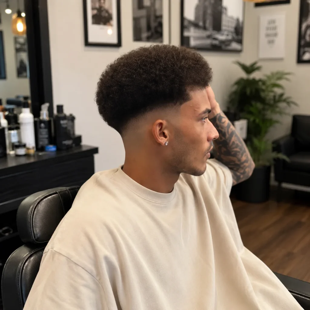 Short Afro Fade Haircut pada seorang pria muda dengan potongan afro fade yang tajam di barbershop modern.