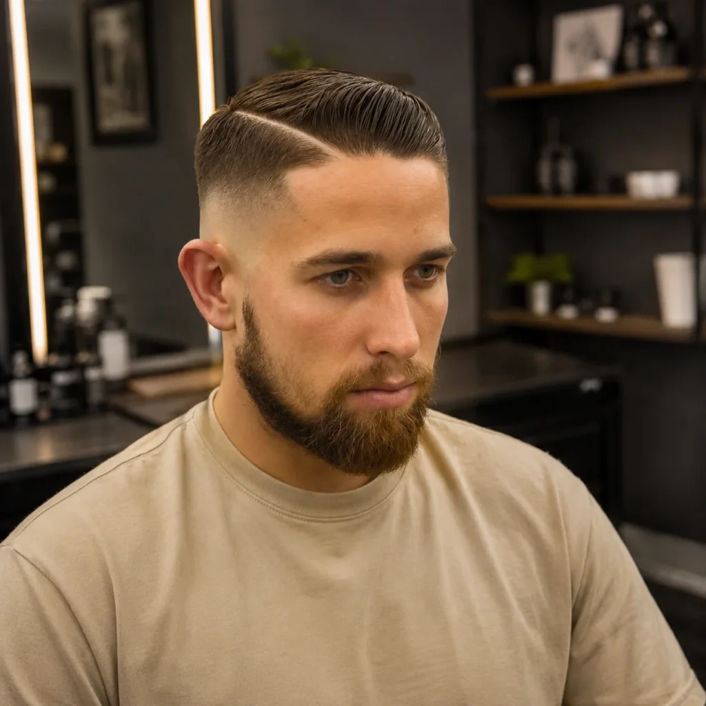 Short Comb Over Fade Haircut dengan low skin fade yang rapi dan janggut yang dipangkas dengan rapi, mengenakan kaus berwarna krem di lingkungan barbershop modern dalam ruangan.