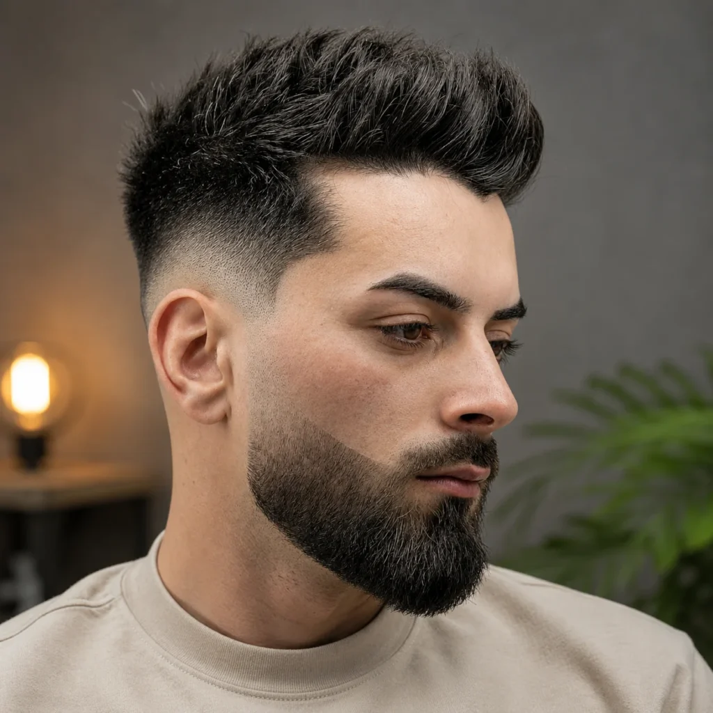 Seorang lelaki dengan potongan rambut high skin fade, rambut atas bertekstur dengan gaya spike, serta janggut penuh yang kemas, dipaparkan dalam potret profesional yang menyerlahkan gaya rambut lelaki yang bersih dan moden