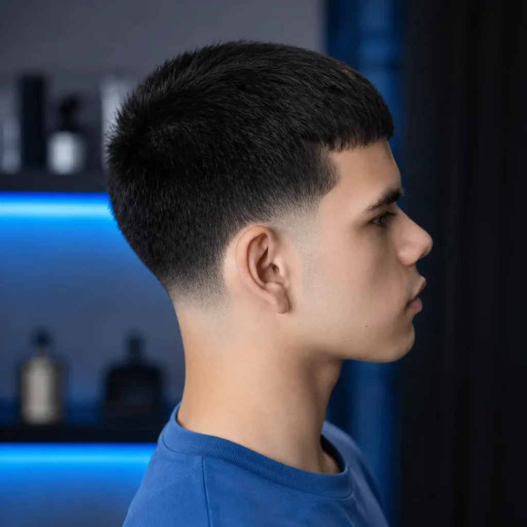 Pandangan sisi seorang lelaki muda dengan potongan rambut low taper fade dan rambut pendek bertekstur, memakai T-shirt biru dalam kedai gunting rambut moden di dalam bangunan.