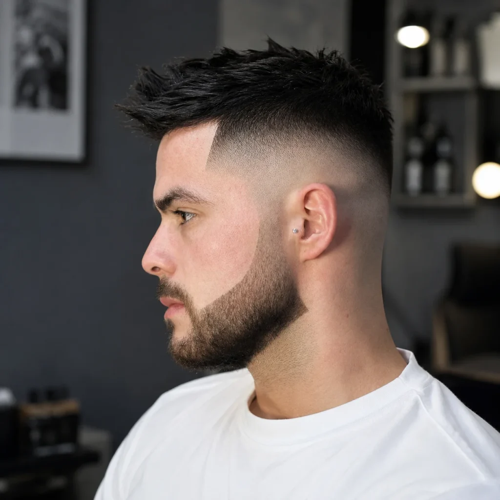 Potret pandangan sisi seorang lelaki dengan potongan rambut high skin fade, bahagian atas bertekstur yang sedikit kusut, serta janggut yang kemas dan tajam di sebuah kedai gunting rambut moden