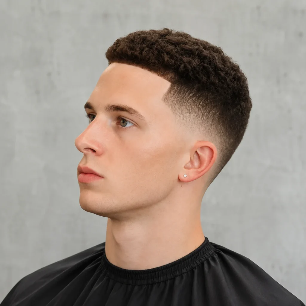 Lelaki muda dengan potongan rambut high fade dan bahagian atas keriting pendek, menampilkan lineup yang tajam dan taper fade yang kemas, dirakam dalam suasana gaya kedai gunting rambut moden.