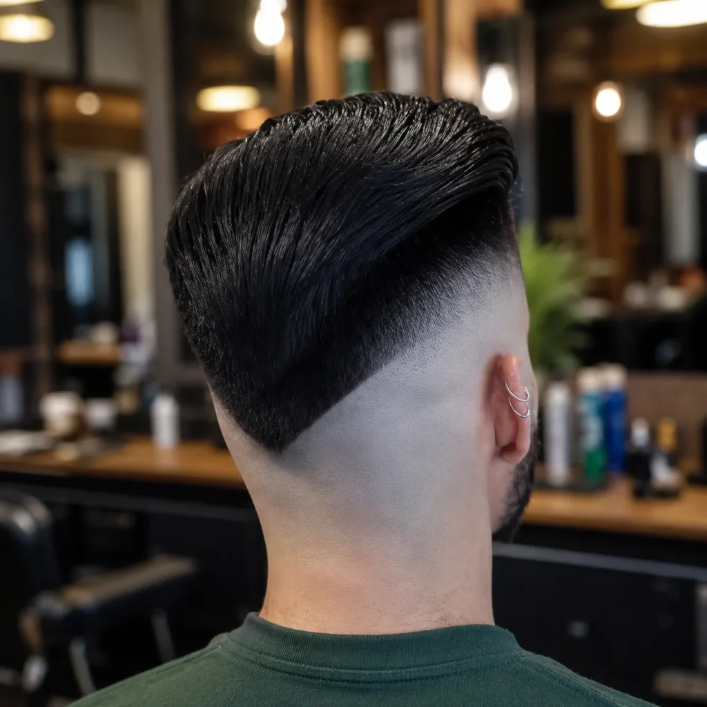 Pandangan belakang seorang lelaki dengan potongan rambut skin fade berbentuk V yang tajam dan rambut gelap yang disisir ke belakang di sebuah barbershop moden dalam suasana dalaman. Gaya rambut ini menampilkan high fade yang kemas dengan teknik blending yang tepat serta kemasan yang elegan, menyerlahkan kemahiran profesional tukang gunting rambut.