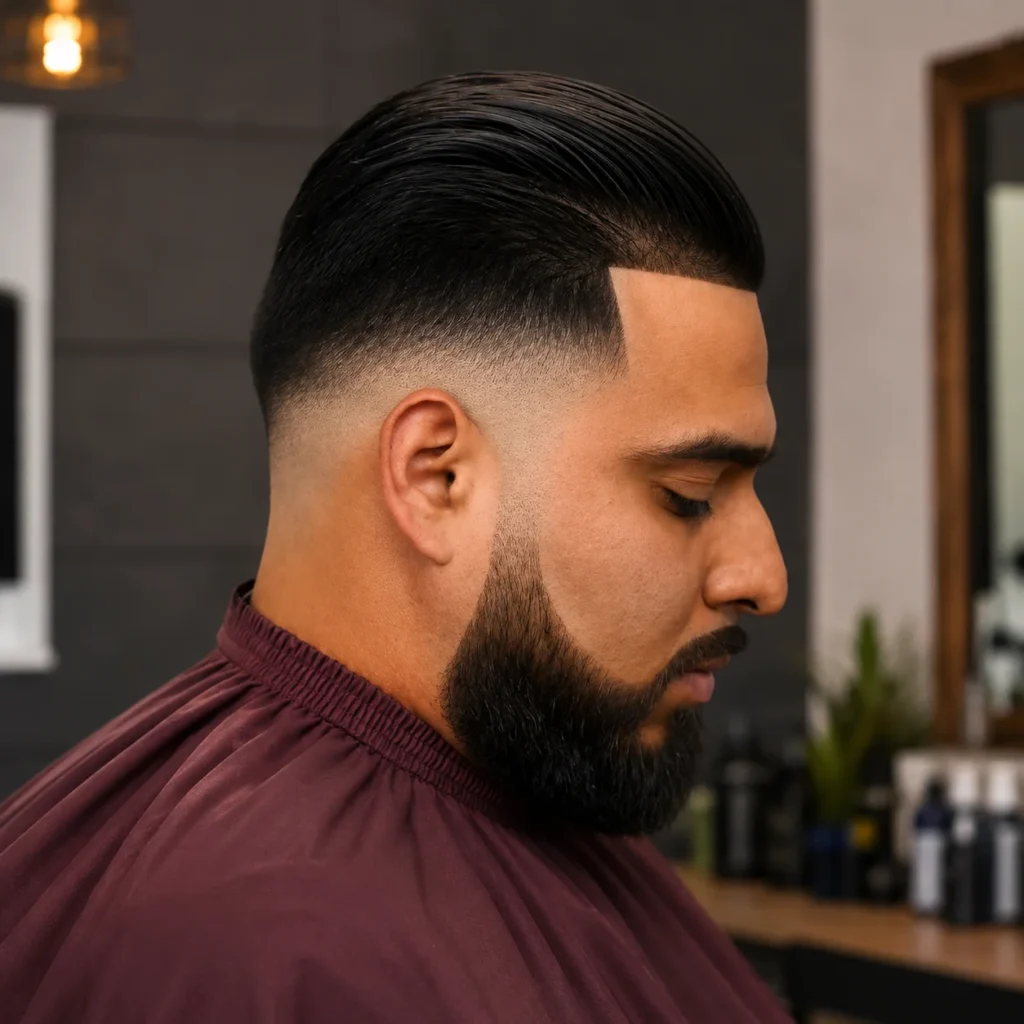 Slick Back Drop Fade Haircut dengan janggut yang kemas, low skin fade yang tajam, dan rambut gelap yang disisir rapi di dalam suasana kedai gunting rambut moden