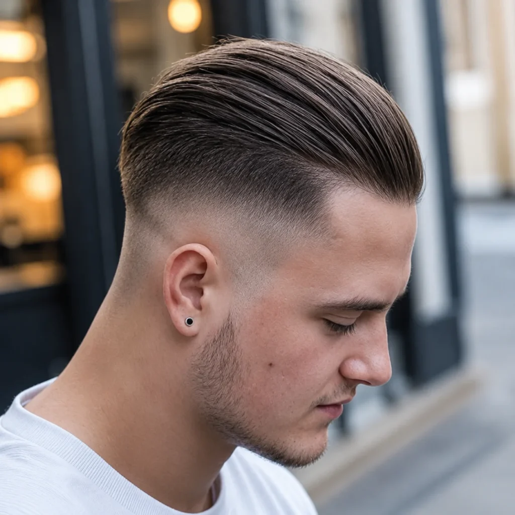 Slick Back Skin Fade Haircut untuk lelaki dengan potongan high fade yang tajam, peralihan rambut yang licin, dan gaya bahagian atas bertekstur, dipaparkan dalam potret pandangan sisi yang profesional