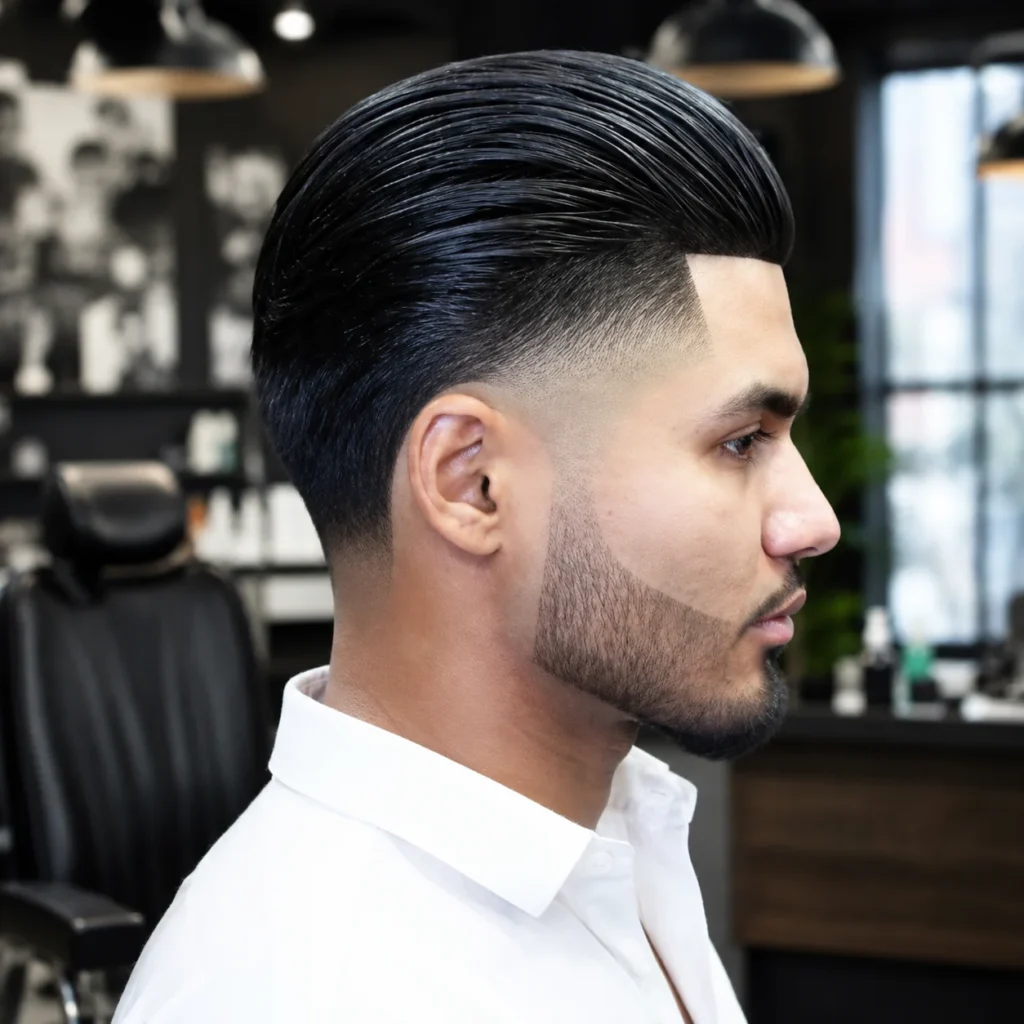 Slick Back Taper Fade Haircut untuk lelaki dengan skin fade yang kemas, rambut gelap yang disisir ke belakang, serta perincian janggut yang tajam, dipaparkan dalam potret profil di kedai gunting rambut profesional