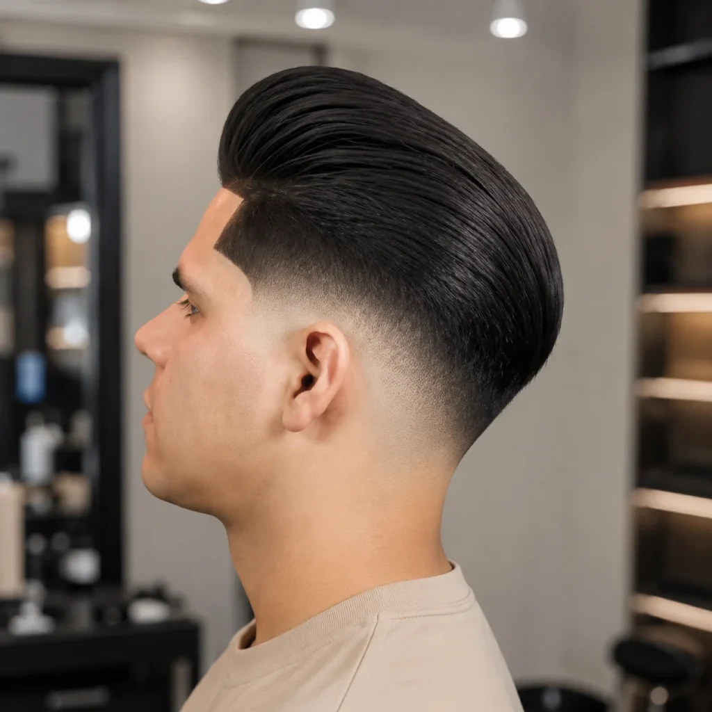 otret pandangan sisi seorang lelaki dengan gaya rambut pompadour yang kemas dan potongan low skin fade, menampilkan rambut gelap yang berkilat serta peralihan fade yang rapi. Dia memakai kemeja berwarna beige muda dalam suasana barbershop moden di dalam bangunan.