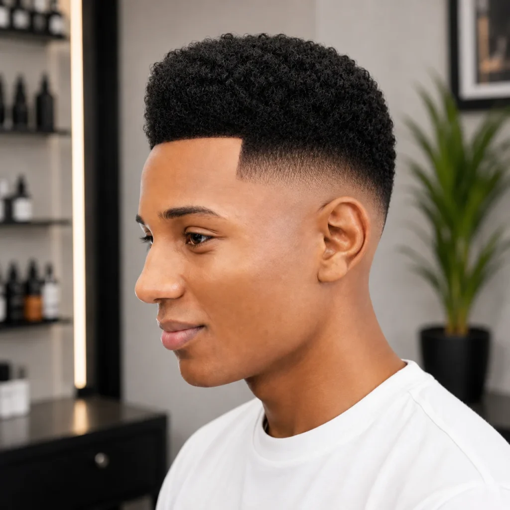 Potongan rambut Afro Taper Fade dengan rambut keriting hitam, skin fade yang presisi, serta garis rambut (lineup) yang rapi dan tajam, ditampilkan dalam suasana salon profesional.