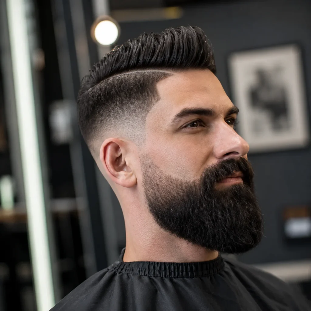 Gaya Taper Fade Haircut With Beard menampilkan garis hard part yang kemas serta janggut penuh dalam suasana kedai gunting rambut moden