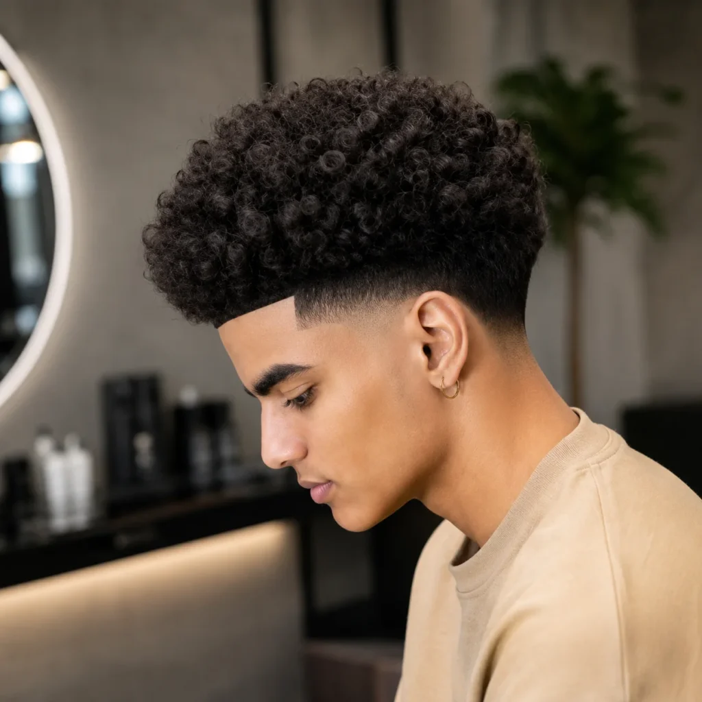 Tapered Afro dan Low Fade Haircut dengan lineup yang tajam, dilihat dari samping di barbershop indoor modern. Gaya rambut ini menampilkan ikal yang rapat, skin fade yang halus, serta hasil akhir yang bersih, rapi, dan stylish.