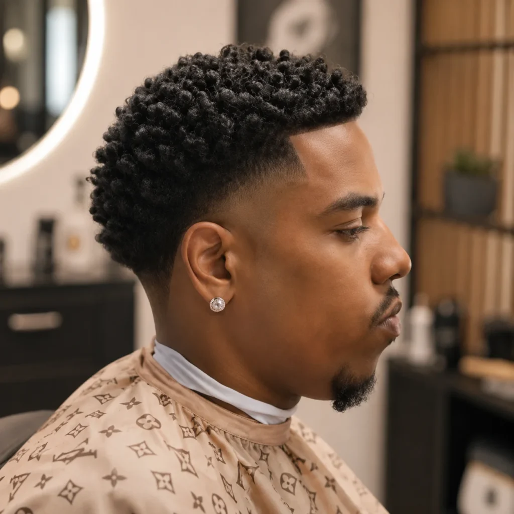 Potongan rambut temple fade menampilkan profil sisi seorang lelaki muda dengan rambut kerinting tebal dan low taper fade yang kemas di dalam kedai gunting rambut moden.