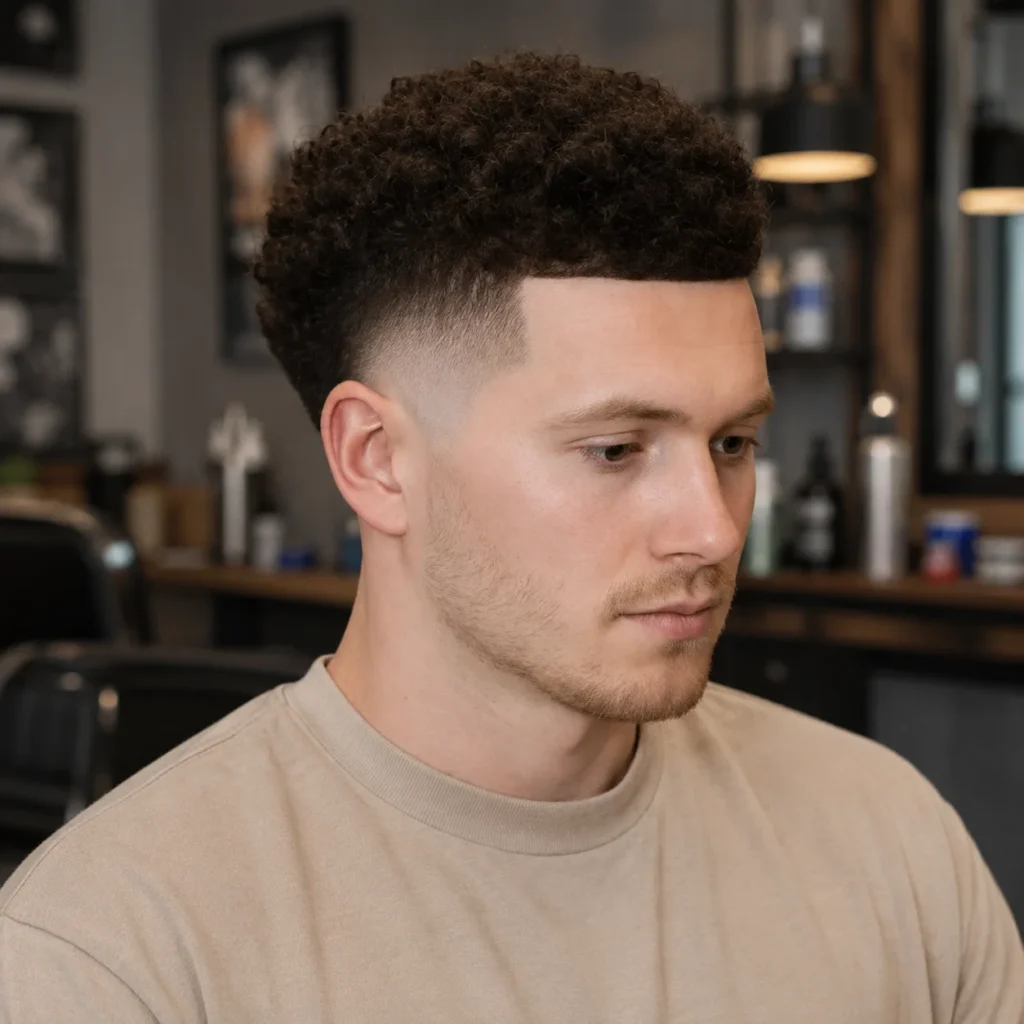 Lelaki dengan bahagian atas keriting bertekstur dan potongan skin fade, menampilkan lineup yang tajam dan blend fade yang kemas, digayakan dalam kedai gunting rambut moden.