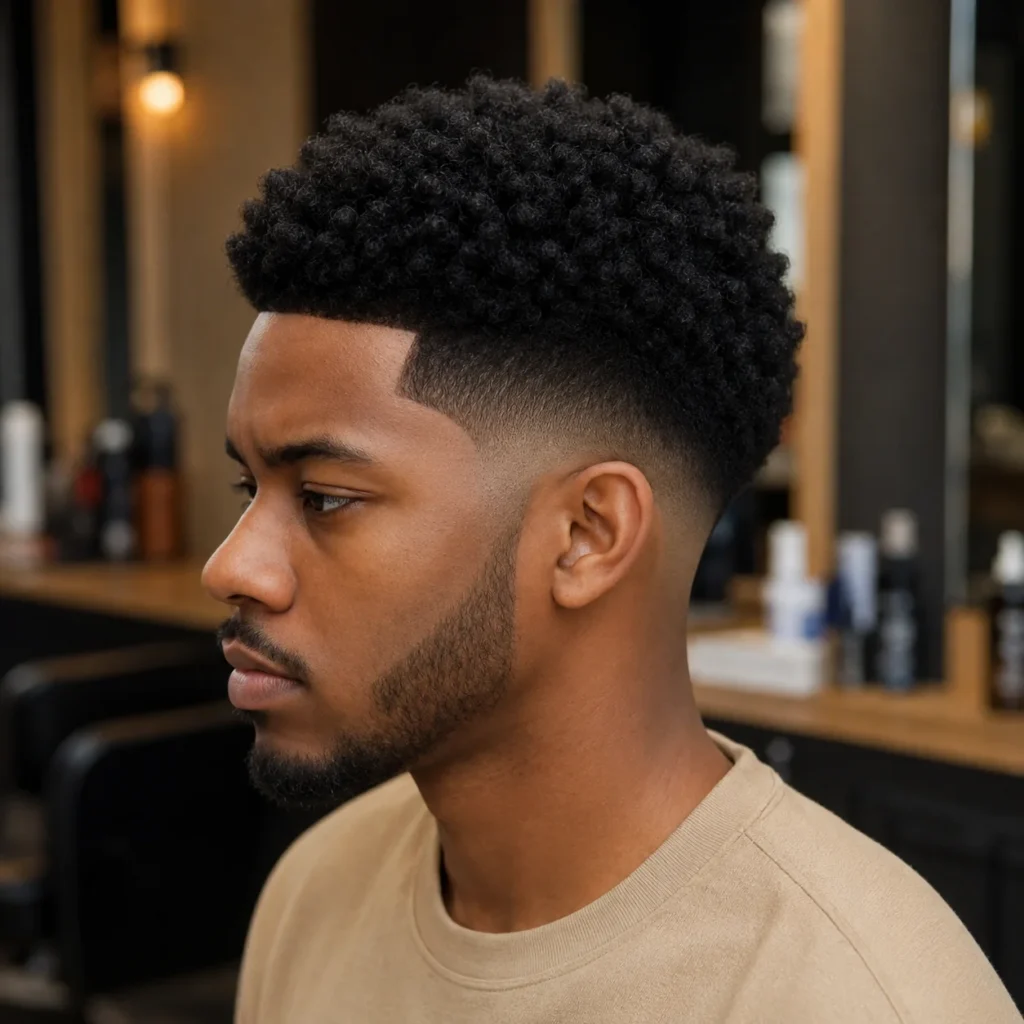 Profil sisi seorang lelaki muda berkulit hitam dengan afro kerinting di bahagian atas dan potongan mid skin fade yang tajam, menampilkan lineup yang kemas dan janggut yang rapi dalam kedai gunting rambut moden.